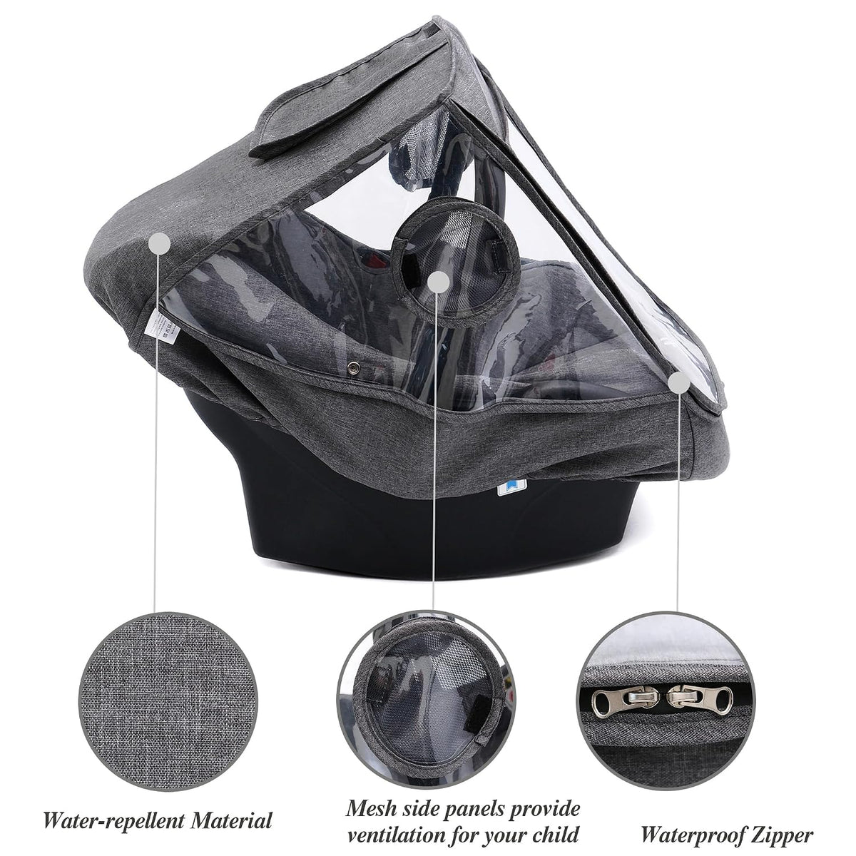 Car Seat Rain Cover, Universal Infant Car Seat Weather Shield with Storage Bag,Waterproof Baby Car Seat Cover with Breathable Ventilation, Baby Travel Accessories (Grey)