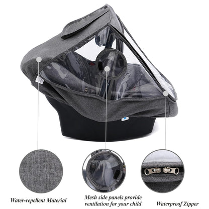 Car Seat Rain Cover, Universal Infant Car Seat Weather Shield with Storage Bag,Waterproof Baby Car Seat Cover with Breathable Ventilation, Baby Travel Accessories (Grey)