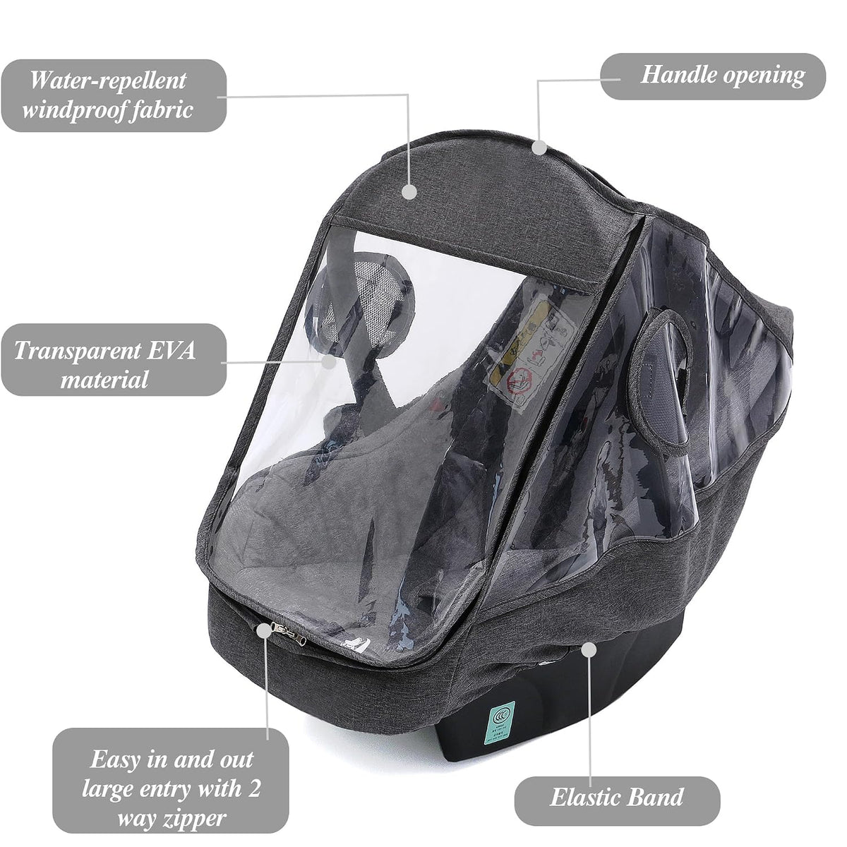 Car Seat Rain Cover, Universal Infant Car Seat Weather Shield with Storage Bag,Waterproof Baby Car Seat Cover with Breathable Ventilation, Baby Travel Accessories (Grey)