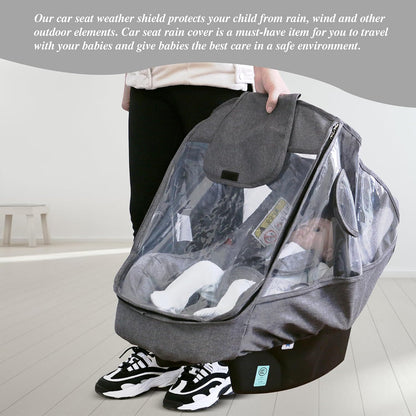 Car Seat Rain Cover, Universal Infant Car Seat Weather Shield with Storage Bag,Waterproof Baby Car Seat Cover with Breathable Ventilation, Baby Travel Accessories (Grey)