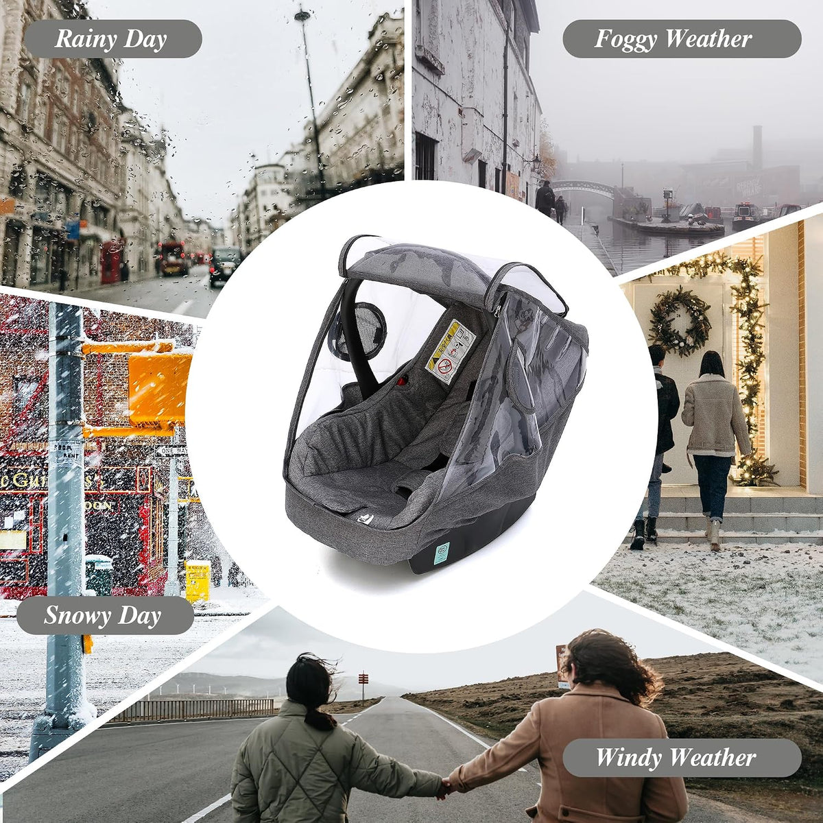 Car Seat Rain Cover, Universal Infant Car Seat Weather Shield with Storage Bag,Waterproof Baby Car Seat Cover with Breathable Ventilation, Baby Travel Accessories (Grey)
