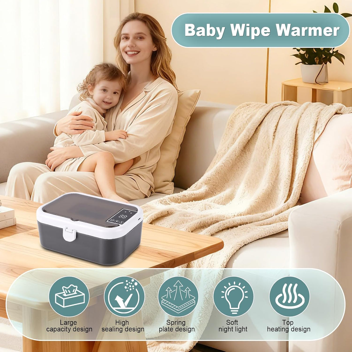 Baby Wipe Warmer, Top Heating Diaper Wipe Warmer, Large Capacity Wipes Dispenser with Spring Loaded Night Light, 3 Temperature Settings