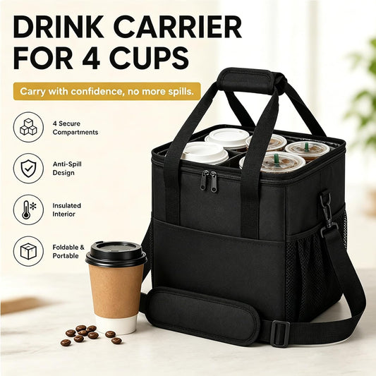 Reusable Coffee Cup Carrier – 4 Cup Portable Drink Tote, Adjustable Dividers, Insulated Waterproof, Foldable, Fits 20oz Bottles