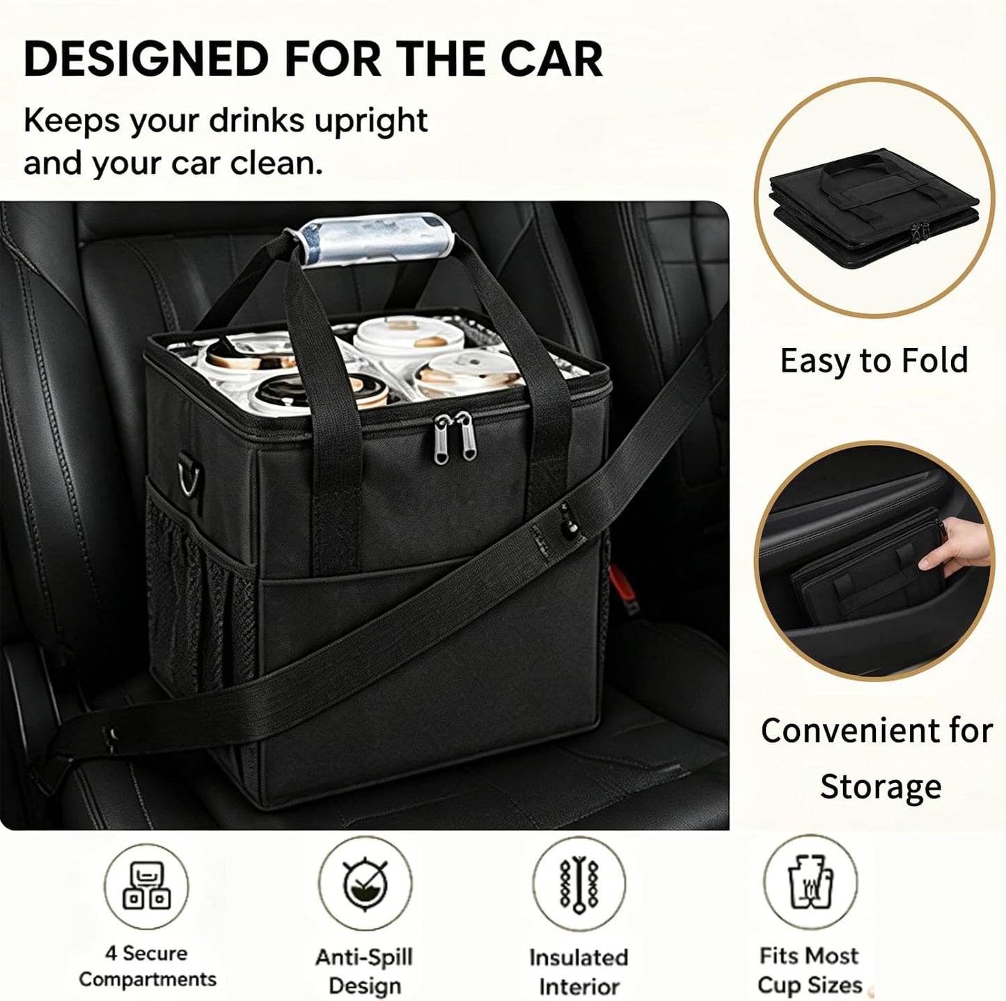 Reusable Coffee Cup Carrier – 4 Cup Portable Drink Tote, Adjustable Dividers, Insulated Waterproof, Foldable, Fits 20oz Bottles