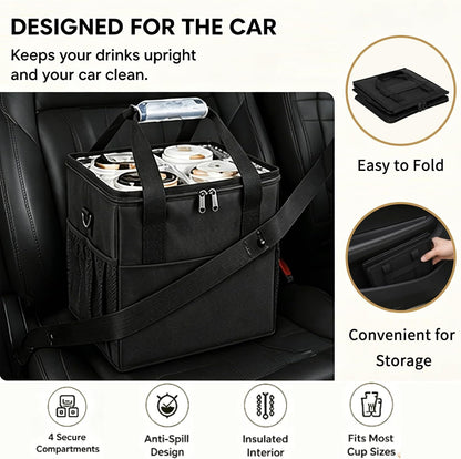 Reusable Coffee Cup Carrier – 4 Cup Portable Drink Tote, Adjustable Dividers, Insulated Waterproof, Foldable, Fits 20oz Bottles