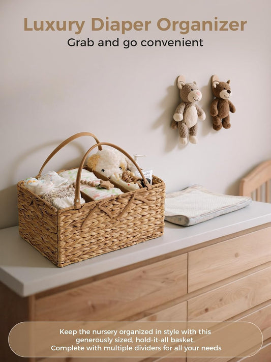 Diaper Caddy Organizer, Large Wicker Nursery Basket, Natural Water Hyacinth