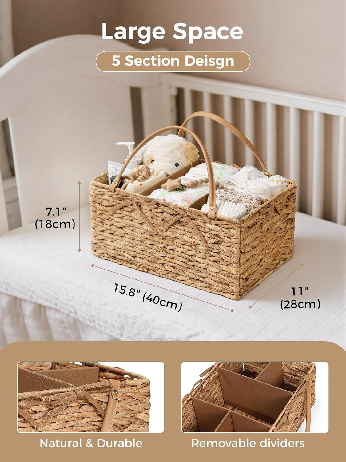 Diaper Caddy Organizer, Large Wicker Nursery Basket, Natural Water Hyacinth