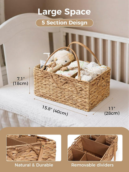 Diaper Caddy Organizer, Large Wicker Nursery Basket, Natural Water Hyacinth