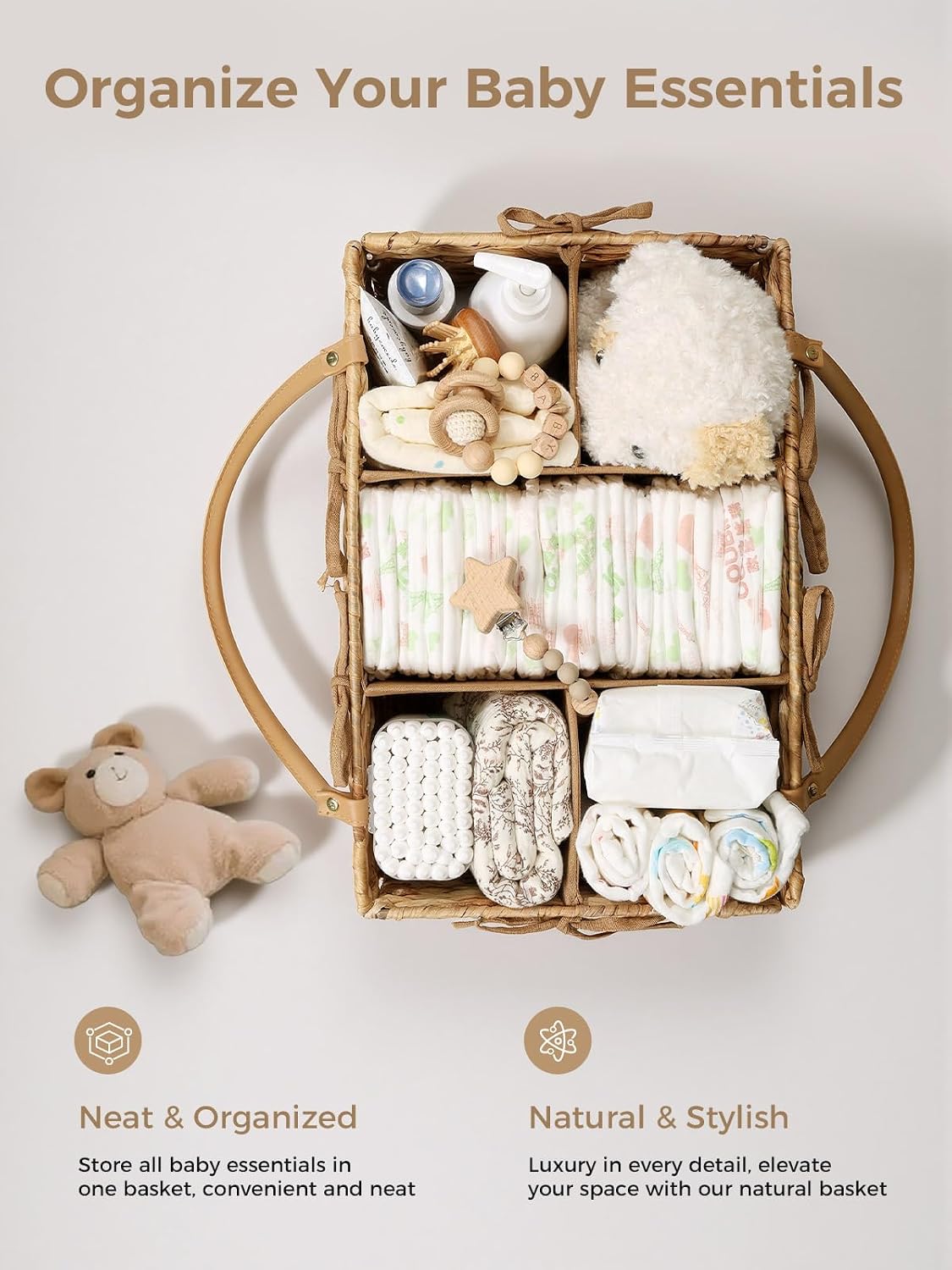 Diaper Caddy Organizer, Large Wicker Nursery Basket, Natural Water Hyacinth