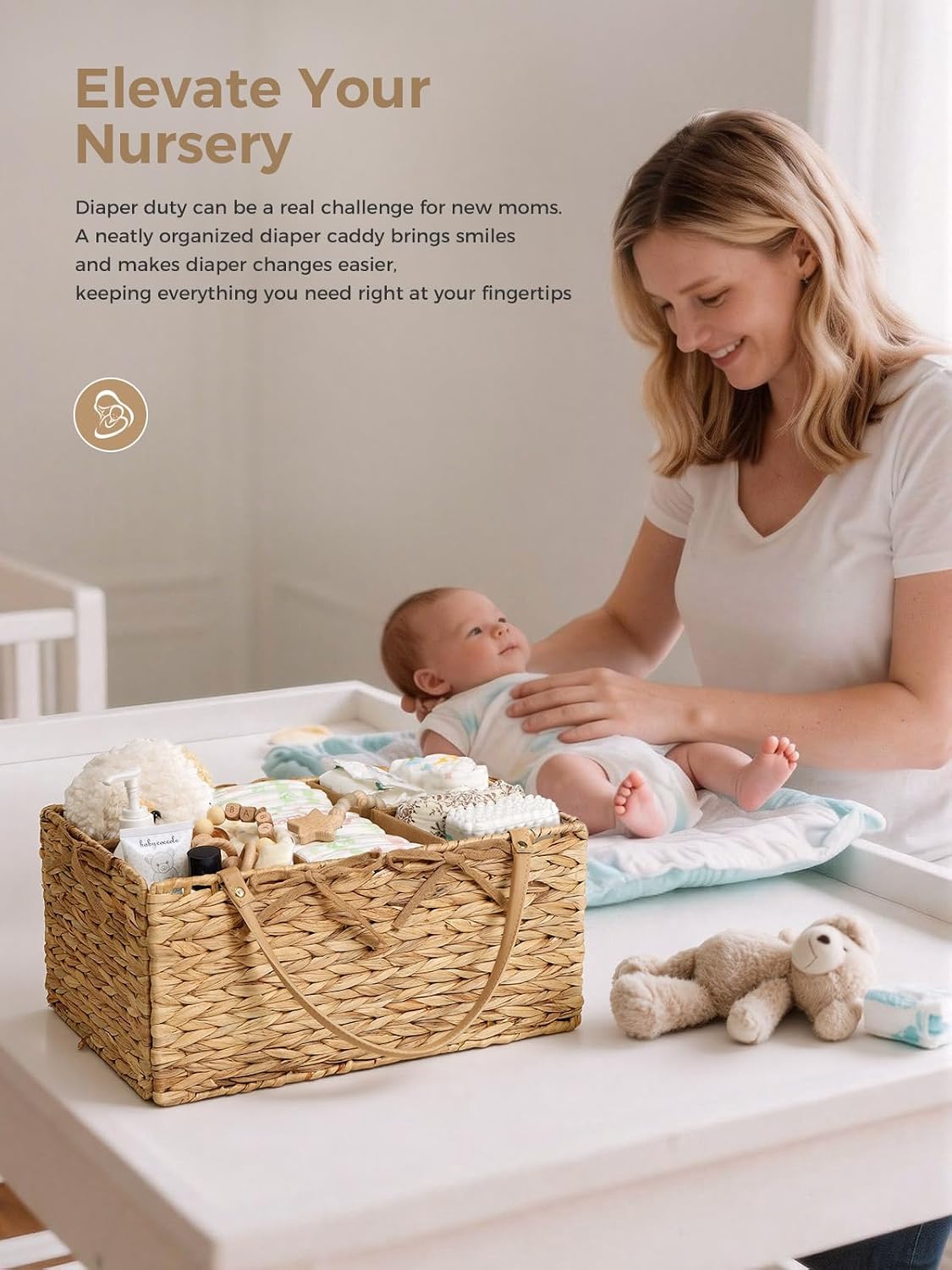 Diaper Caddy Organizer, Large Wicker Nursery Basket, Natural Water Hyacinth