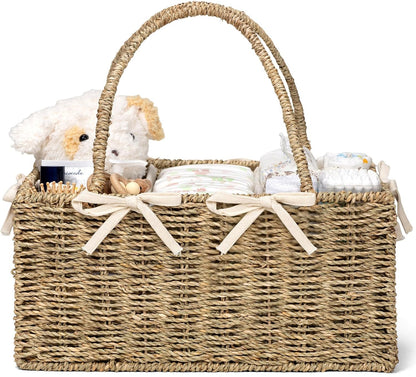 Diaper Caddy Organizer, Large Wicker Nursery Basket, Natural Water Hyacinth