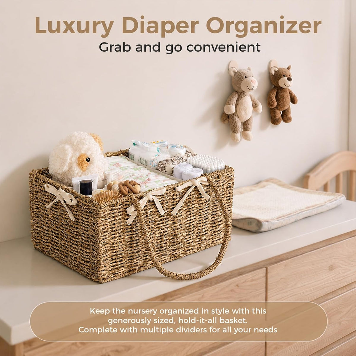 Diaper Caddy Organizer, Large Wicker Nursery Basket, Natural Water Hyacinth