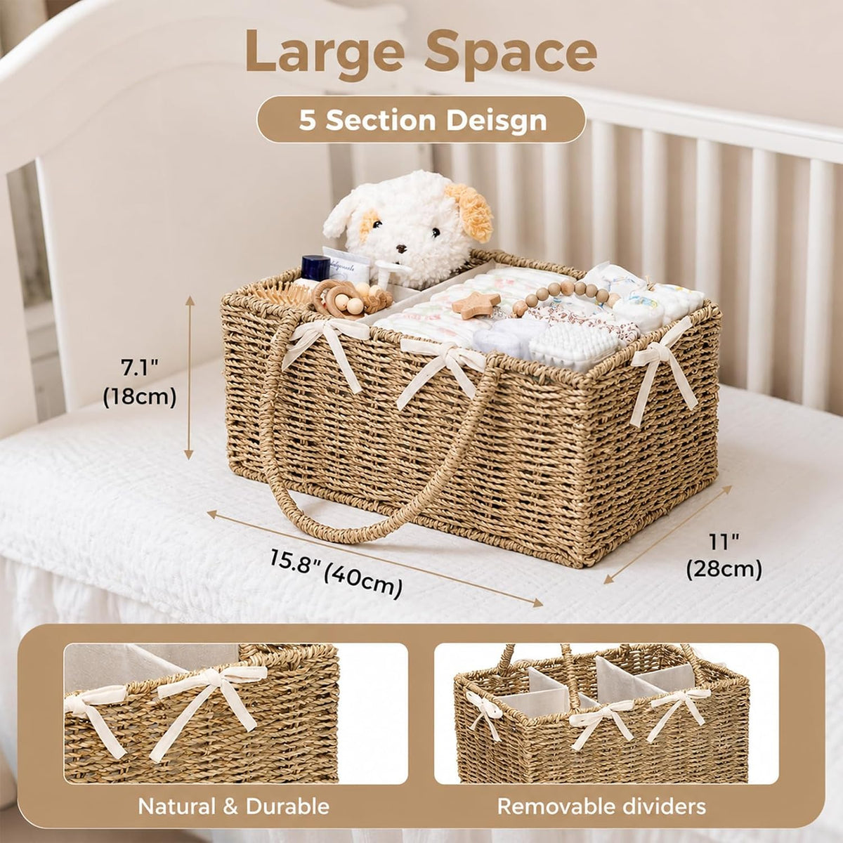 Diaper Caddy Organizer, Large Wicker Nursery Basket, Natural Water Hyacinth