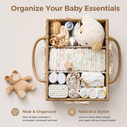 Diaper Caddy Organizer, Large Wicker Nursery Basket, Natural Water Hyacinth