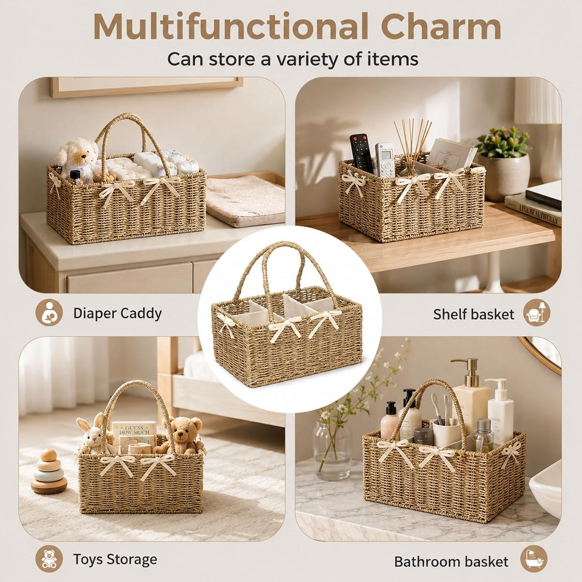 Diaper Caddy Organizer, Large Wicker Nursery Basket, Natural Water Hyacinth