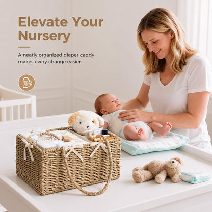Diaper Caddy Organizer, Large Wicker Nursery Basket, Natural Water Hyacinth