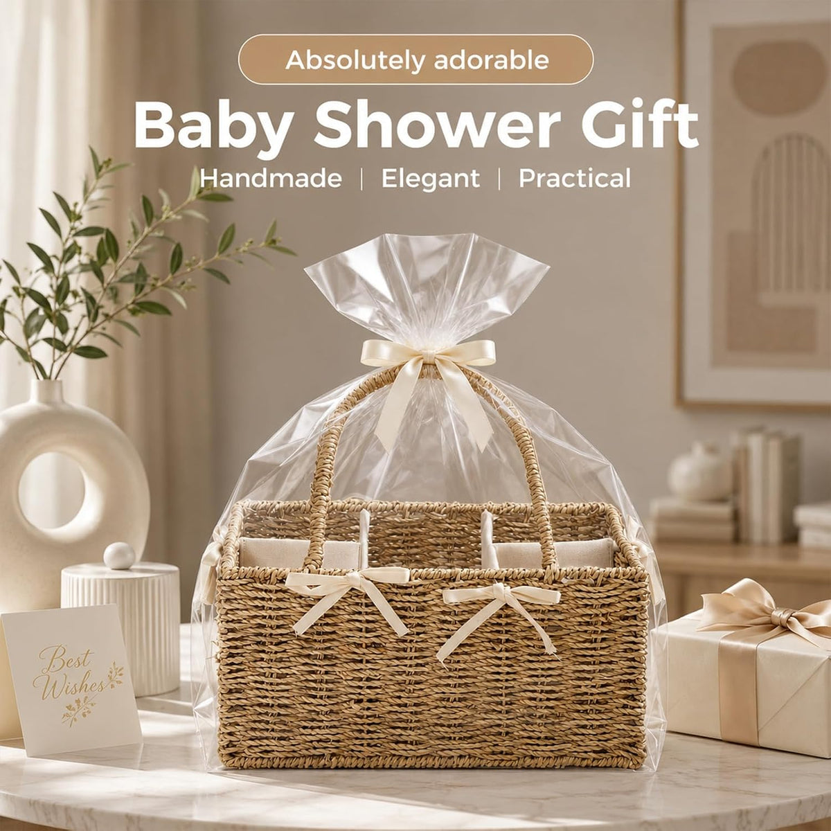 Diaper Caddy Organizer, Large Wicker Nursery Basket, Natural Water Hyacinth