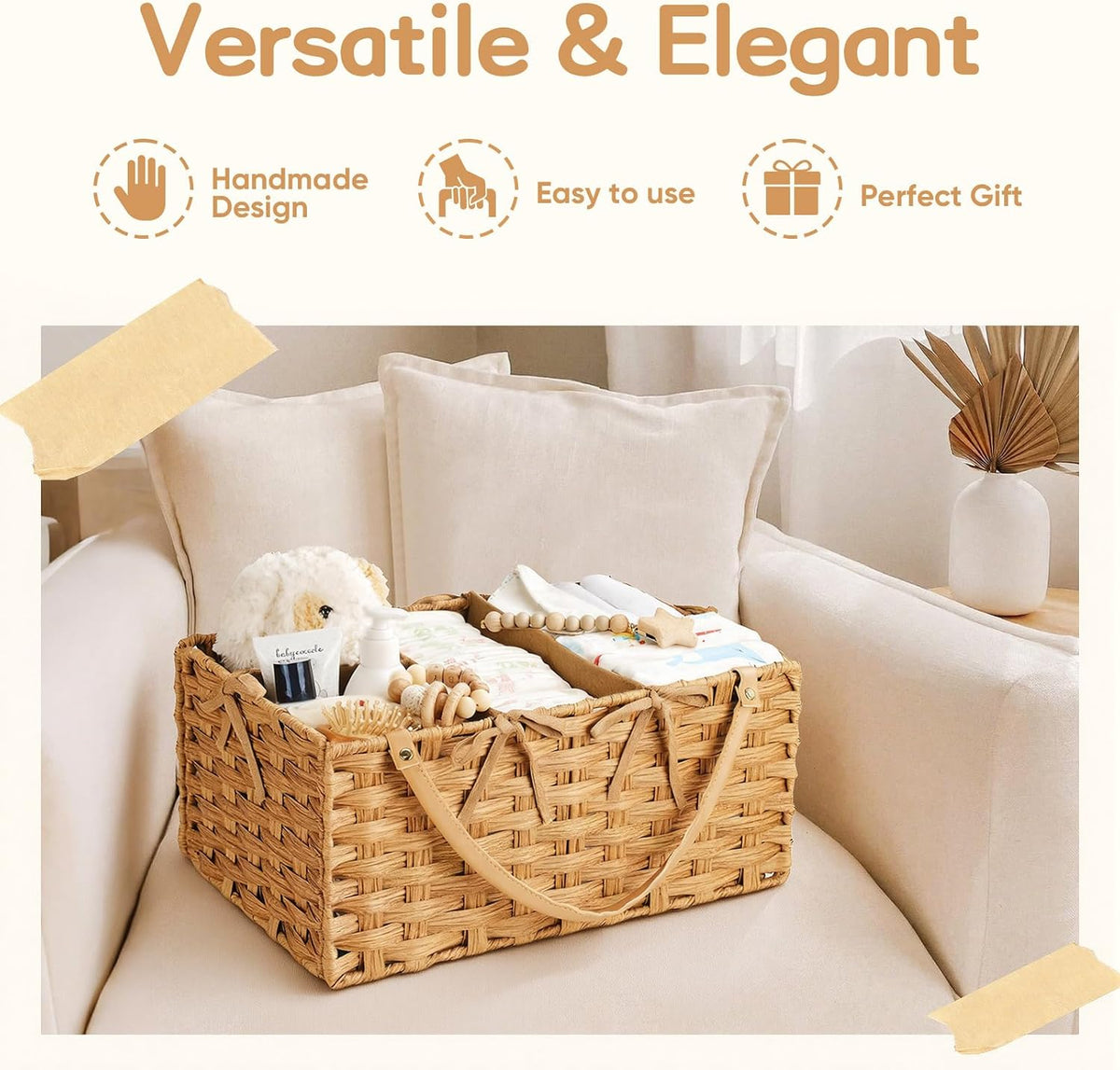 Diaper Caddy Organizer, Large Wicker Nursery Basket, Natural Water Hyacinth