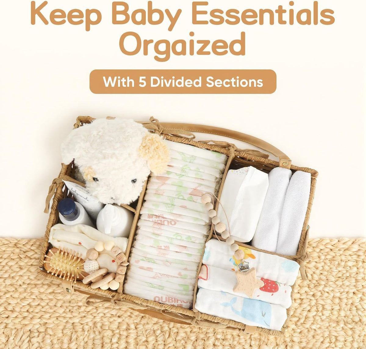 Diaper Caddy Organizer, Large Wicker Nursery Basket, Natural Water Hyacinth