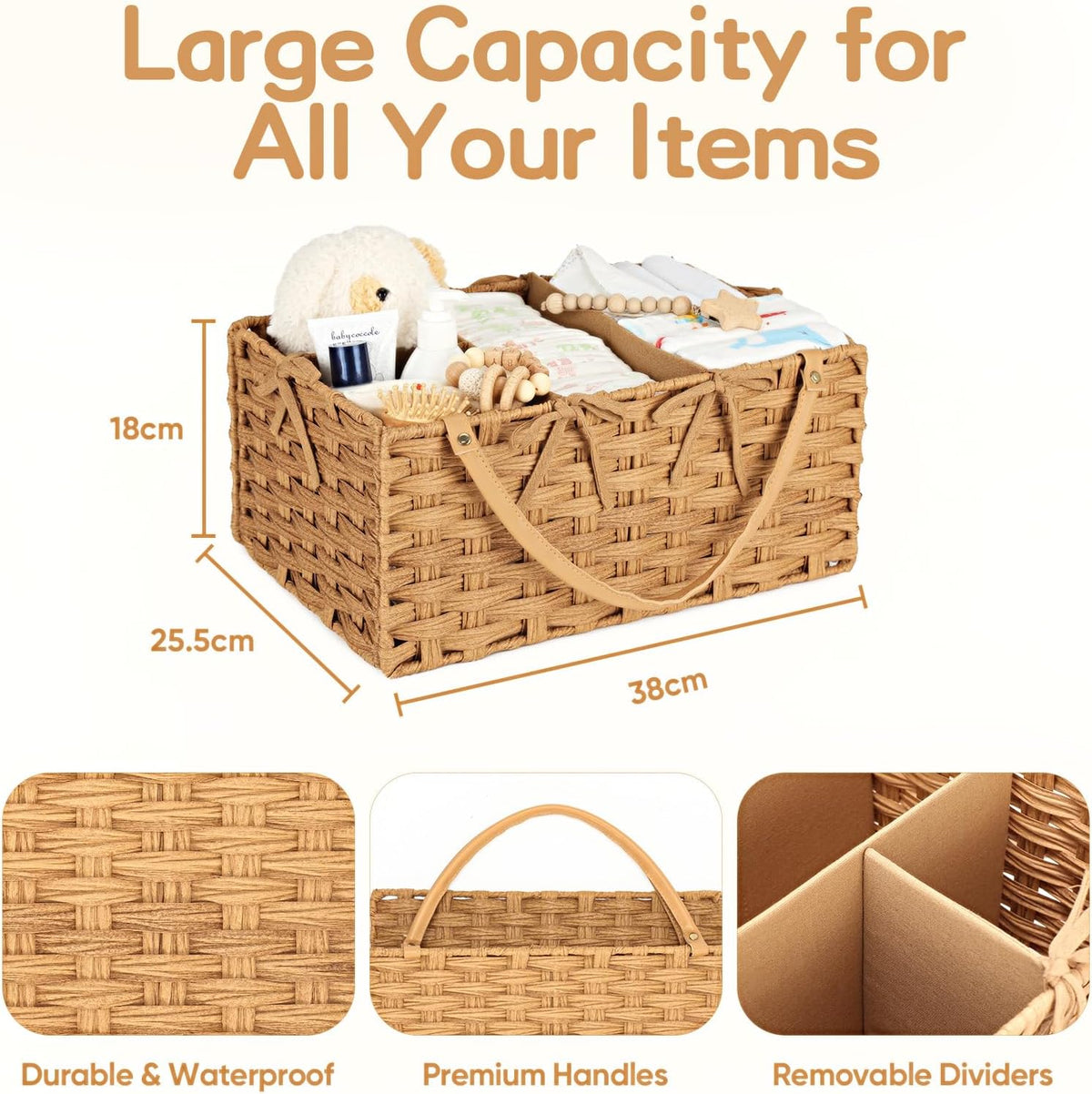 Diaper Caddy Organizer, Large Wicker Nursery Basket, Natural Water Hyacinth