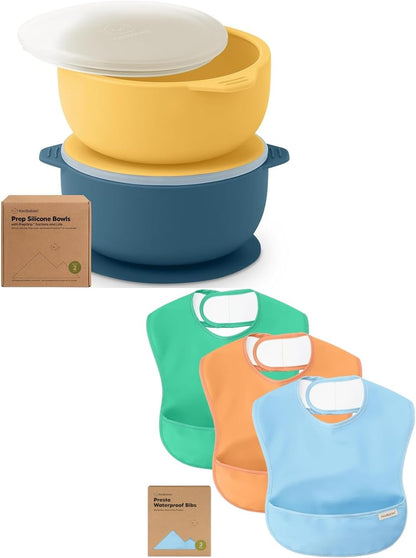2-Pack Baby Bowls with Suctions, Lids and 3-Pack Waterproof Baby Bibs for Eating - Silicone Suction Bowls for Baby Boy, Girl, Silicone Bowls BPA-Free - Lightweight Baby Bib with Food Catcher
