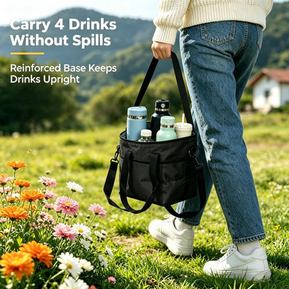 4 Compartment Drink Carrier Bag, Insulated Reusable Tote for 4 Tumblers with Adjustable Strap, Perfect for Car Travel, Camping, Picnic, Family Outings