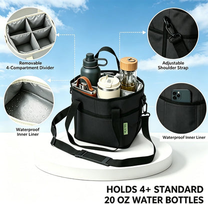 4 Compartment Drink Carrier Bag, Insulated Reusable Tote for 4 Tumblers with Adjustable Strap, Perfect for Car Travel, Camping, Picnic, Family Outings