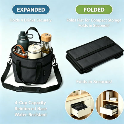 4 Compartment Drink Carrier Bag, Insulated Reusable Tote for 4 Tumblers with Adjustable Strap, Perfect for Car Travel, Camping, Picnic, Family Outings