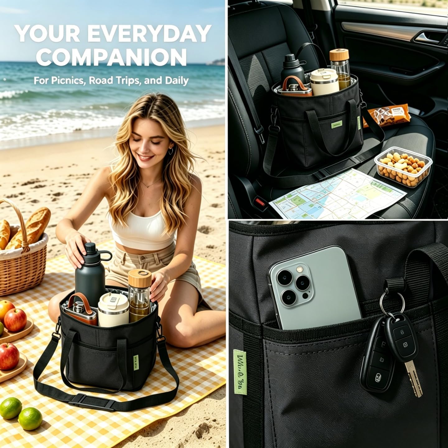 4 Compartment Drink Carrier Bag, Insulated Reusable Tote for 4 Tumblers with Adjustable Strap, Perfect for Car Travel, Camping, Picnic, Family Outings