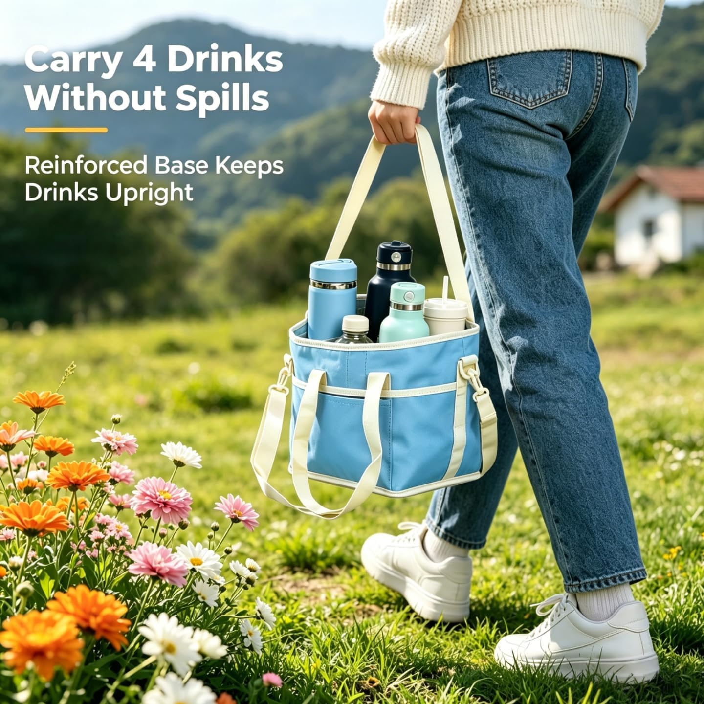 4 Compartment Drink Carrier Bag, Insulated Reusable Tote for 4 Tumblers with Adjustable Strap, Perfect for Car Travel, Camping, Picnic, Family Outings