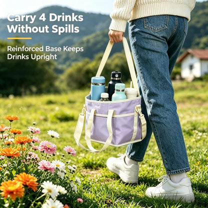 4 Compartment Drink Carrier Bag, Insulated Reusable Tote for 4 Tumblers with Adjustable Strap, Perfect for Car Travel, Camping, Picnic, Family Outings