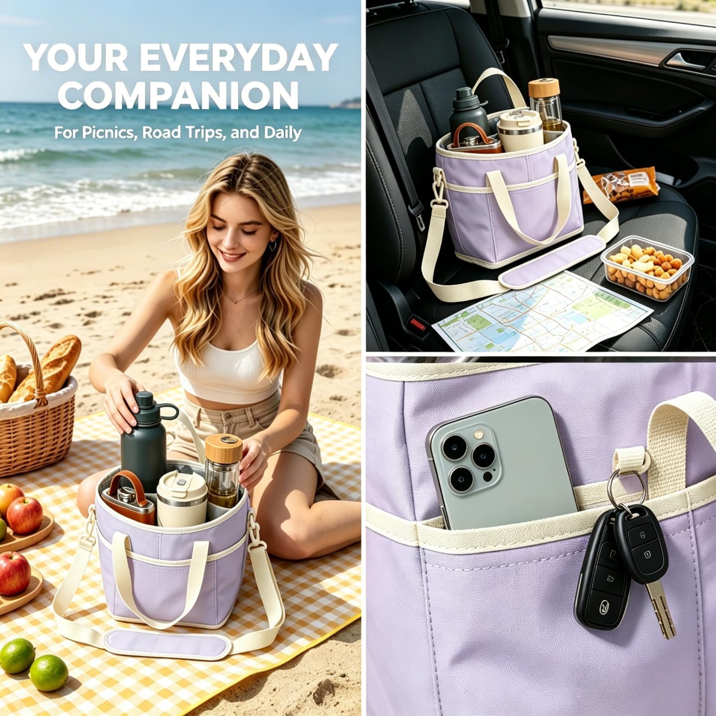 4 Compartment Drink Carrier Bag, Insulated Reusable Tote for 4 Tumblers with Adjustable Strap, Perfect for Car Travel, Camping, Picnic, Family Outings