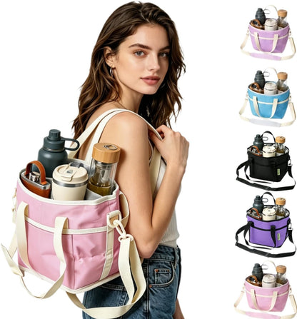 4 Compartment Drink Carrier Bag, Insulated Reusable Tote for 4 Tumblers with Adjustable Strap, Perfect for Car Travel, Camping, Picnic, Family Outings
