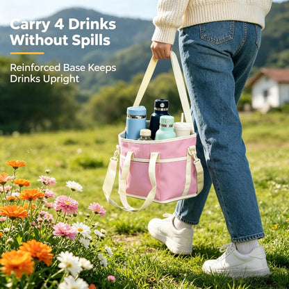 4 Compartment Drink Carrier Bag, Insulated Reusable Tote for 4 Tumblers with Adjustable Strap, Perfect for Car Travel, Camping, Picnic, Family Outings