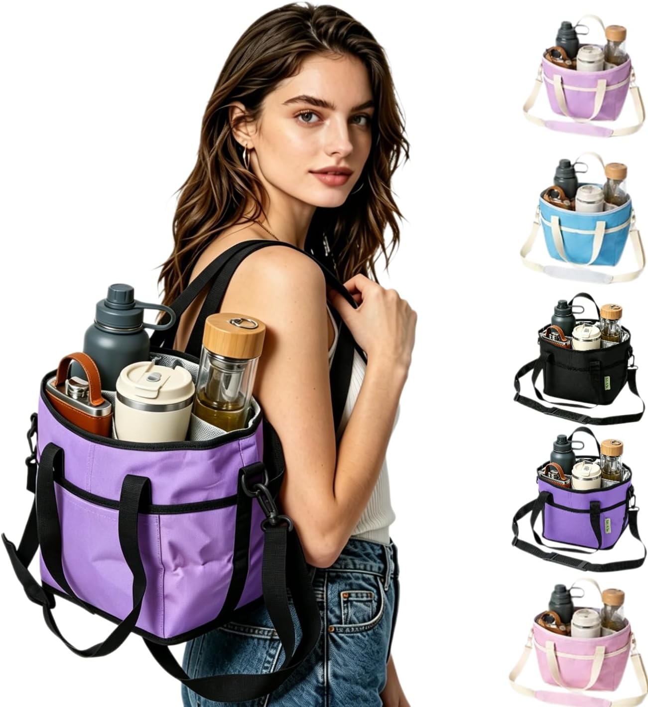 4 Compartment Drink Carrier Bag, Insulated Reusable Tote for 4 Tumblers with Adjustable Strap, Perfect for Car Travel, Camping, Picnic, Family Outings