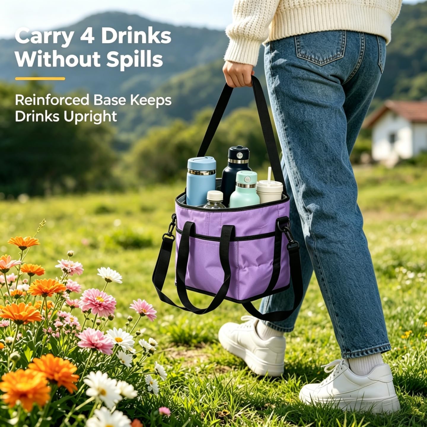 4 Compartment Drink Carrier Bag, Insulated Reusable Tote for 4 Tumblers with Adjustable Strap, Perfect for Car Travel, Camping, Picnic, Family Outings