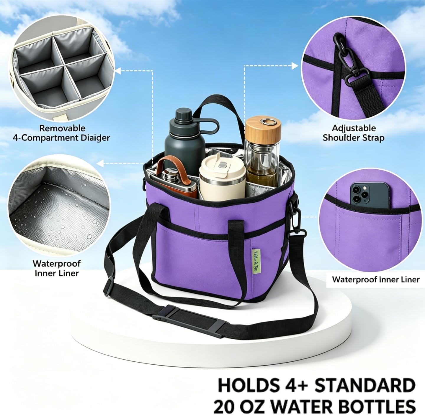 4 Compartment Drink Carrier Bag, Insulated Reusable Tote for 4 Tumblers with Adjustable Strap, Perfect for Car Travel, Camping, Picnic, Family Outings
