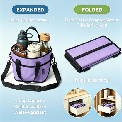 4 Compartment Drink Carrier Bag, Insulated Reusable Tote for 4 Tumblers with Adjustable Strap, Perfect for Car Travel, Camping, Picnic, Family Outings
