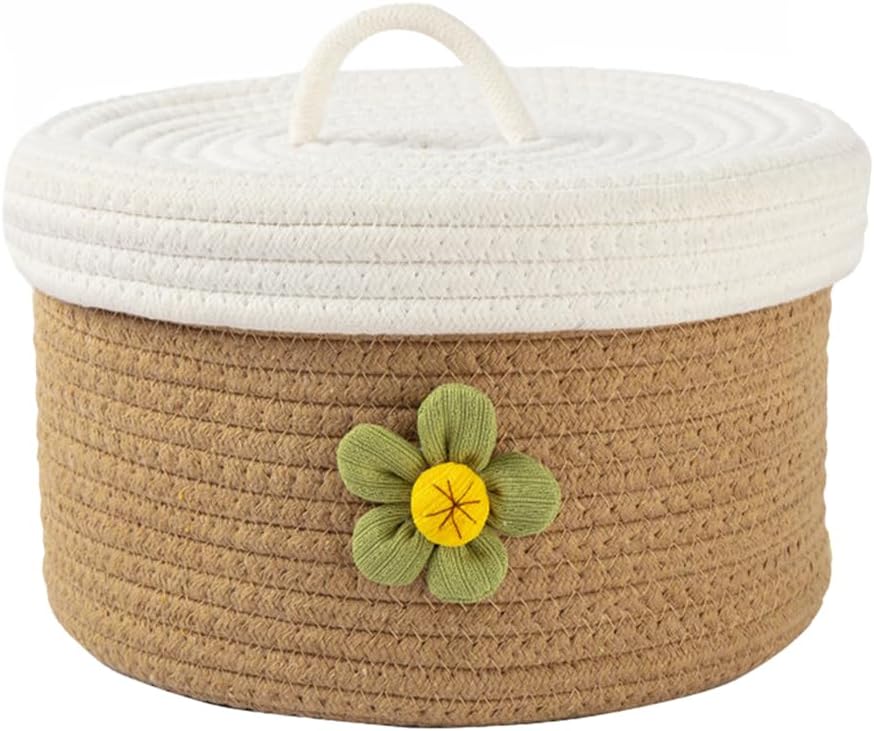 Round Cotton Rope Storage Basket with Lid 8.26 Inch Woven Organizer Bin for Toys Sundries Home Desktop Bedroom Storage