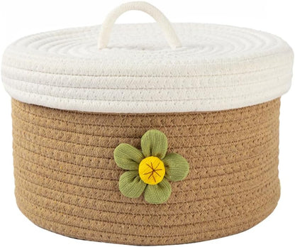 Round Cotton Rope Storage Basket with Lid 8.26 Inch Woven Organizer Bin for Toys Sundries Home Desktop Bedroom Storage