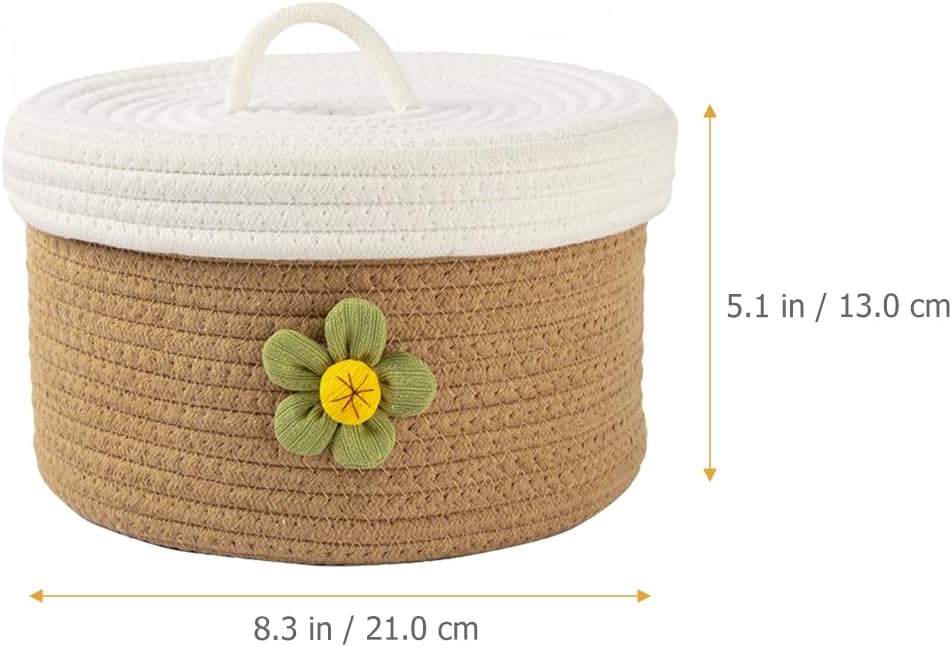 Round Cotton Rope Storage Basket with Lid 8.26 Inch Woven Organizer Bin for Toys Sundries Home Desktop Bedroom Storage