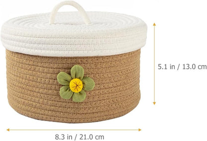 Round Cotton Rope Storage Basket with Lid 8.26 Inch Woven Organizer Bin for Toys Sundries Home Desktop Bedroom Storage