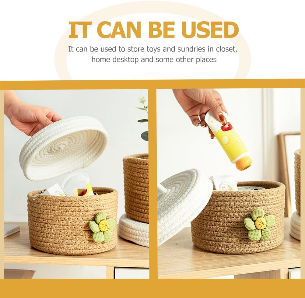 Round Cotton Rope Storage Basket with Lid 8.26 Inch Woven Organizer Bin for Toys Sundries Home Desktop Bedroom Storage