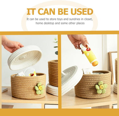 Round Cotton Rope Storage Basket with Lid 8.26 Inch Woven Organizer Bin for Toys Sundries Home Desktop Bedroom Storage
