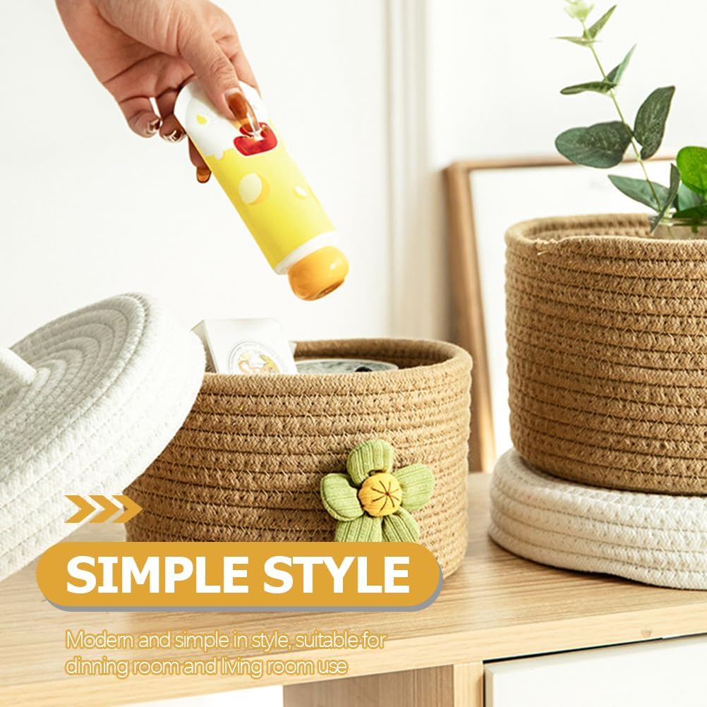 Round Cotton Rope Storage Basket with Lid 8.26 Inch Woven Organizer Bin for Toys Sundries Home Desktop Bedroom Storage