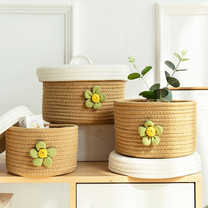 Round Cotton Rope Storage Basket with Lid 8.26 Inch Woven Organizer Bin for Toys Sundries Home Desktop Bedroom Storage