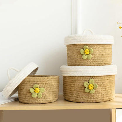 Round Cotton Rope Storage Basket with Lid 8.26 Inch Woven Organizer Bin for Toys Sundries Home Desktop Bedroom Storage