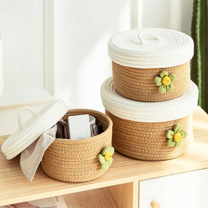 Round Cotton Rope Storage Basket with Lid 8.26 Inch Woven Organizer Bin for Toys Sundries Home Desktop Bedroom Storage