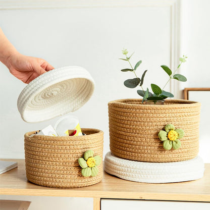 Round Cotton Rope Storage Basket with Lid 8.26 Inch Woven Organizer Bin for Toys Sundries Home Desktop Bedroom Storage
