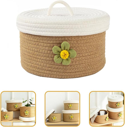 Round Cotton Rope Storage Basket with Lid 8.26 Inch Woven Organizer Bin for Toys Sundries Home Desktop Bedroom Storage